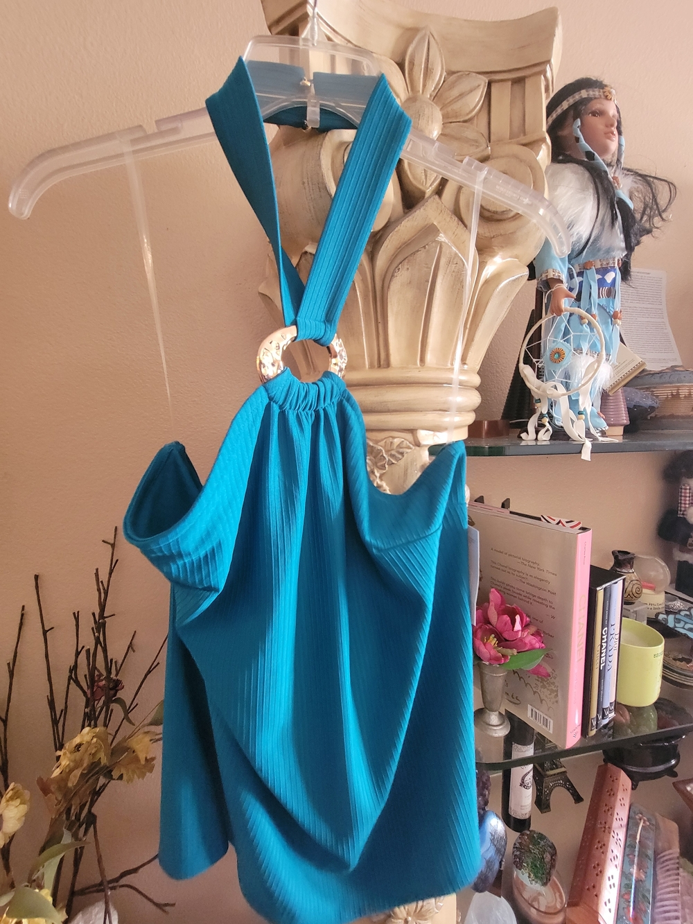 BOLD elements Teal Ribbed Halter Top with Gold Ring Detail